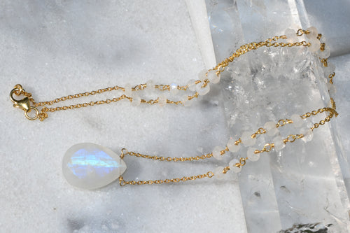 Teardrop Rainbow Moonstone with Rainbow Moonstone Beaded Gold Plated Cable Chain