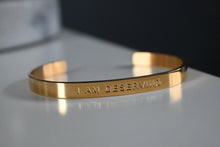 Cargar imagen en el visor de la galería, &quot;I AM DESERVING&quot; Affirmation engraved in gold tarnish resistant cuffed bracelet (bendable)
